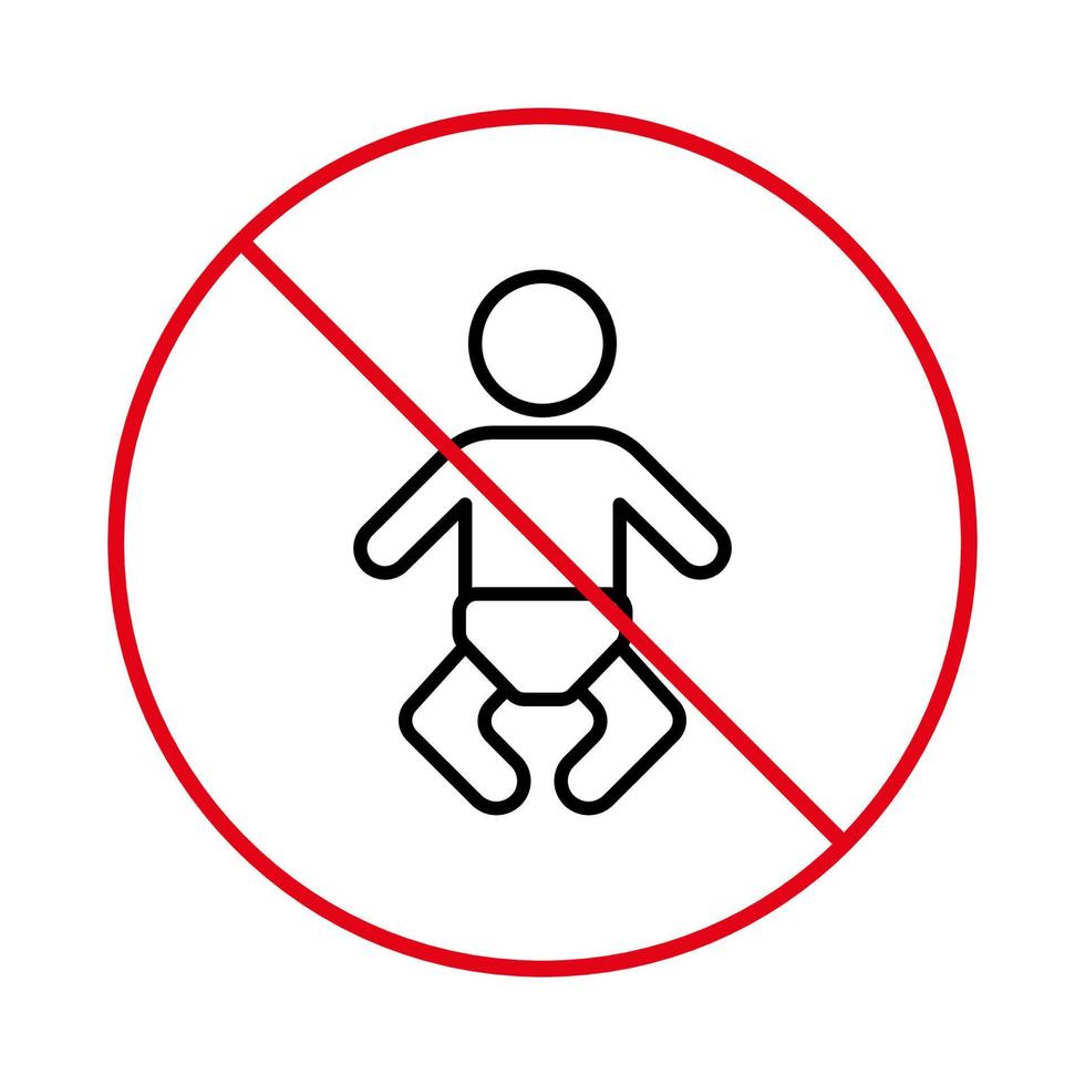 prohibir el pictograma de la habitación de los niños. Prohibir al bebé en el icono de la línea negra del pañal. no se permite wc para señal de niño. prohibir la maternidad. símbolo de contorno de parada roja de la estación de inodoro de restricción. ilustración vectorial aislada. vector