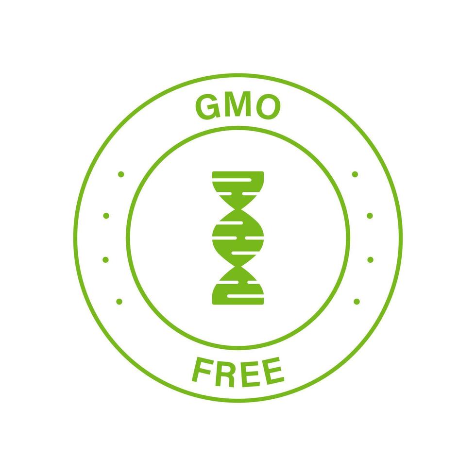 Bio Eco Food for Vegan Logo. Free GMO Green Stamp. Natural Non GMO Food Label. Vegetarian Organic Product Sticker. No Genetically Modified Ingredients Sign. Isolated Vector Illustration.