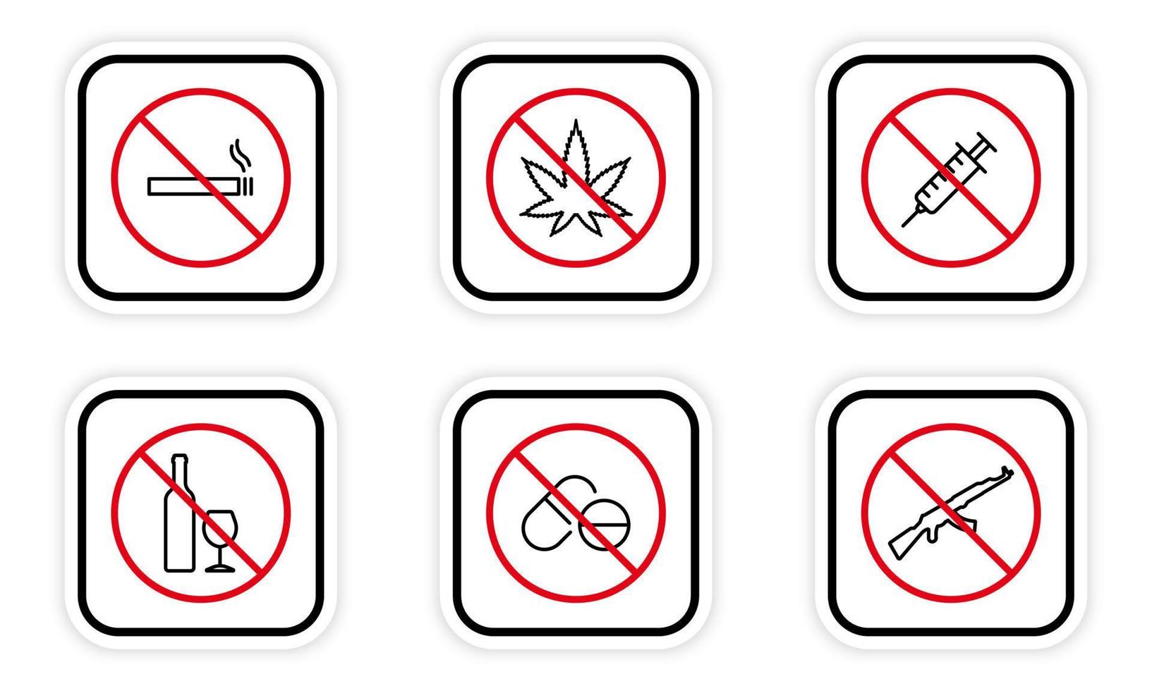No Drug, Alcohol, Cigarette, Pill, Syringe, Gun AK47 Line Icon Set. Narcotic, Weapon Forbidden Outline Pictogram. Danger Addiction Stop Symbol. Illegal Sign Prohibited. Isolated Vector Illustration.