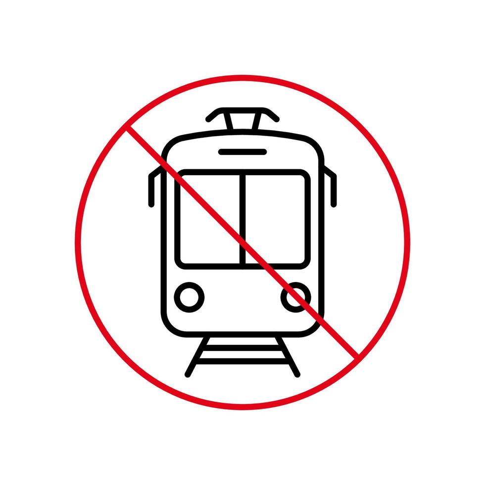 Tramway Ban Black Line Icon. Tram Way Forbidden Outline Pictogram. Electric Streetcar Red Stop Circle Symbol. Warning No Tramway Road Sign. Old Public City Tram Prohibited. Vector Illustration.