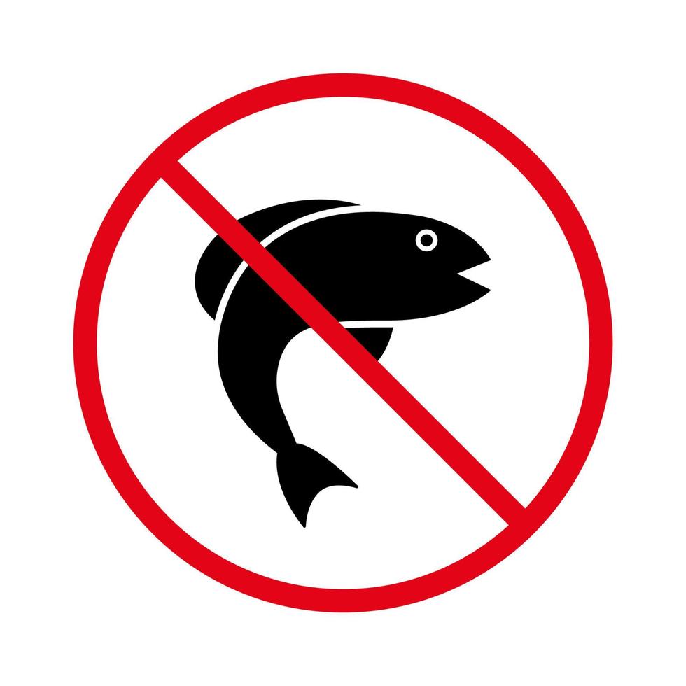 Prohibited Fishing Seafood Red Stop Circle Symbol. No Allowed Fishing in Lake and Park River Sign. Fishing Ban Place Black Silhouette Icon. Forbidden Fish Sea Pictogram. Isolated Vector Illustration.