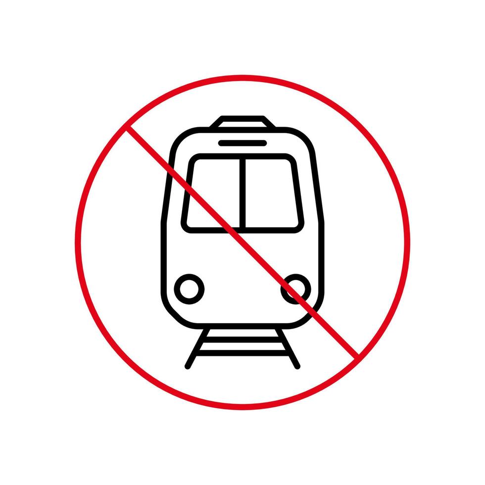 No Train Black Line Ban Icon. Railway Transport Forbidden Outline Pictogram. Railroad Red Stop Circle Symbol. Rail Road Station Restricted Sign. Alert Train Prohibited. Isolated Vector Illustration.