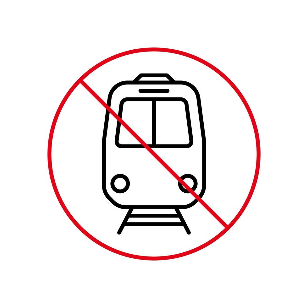 no hay icono de prohibición de línea negra de tren. pictograma de contorno prohibido de transporte ferroviario. símbolo del círculo de parada roja del ferrocarril. señal restringida de la estación de ferrocarril. Tren de alerta prohibido. ilustración vectorial aislada. vector