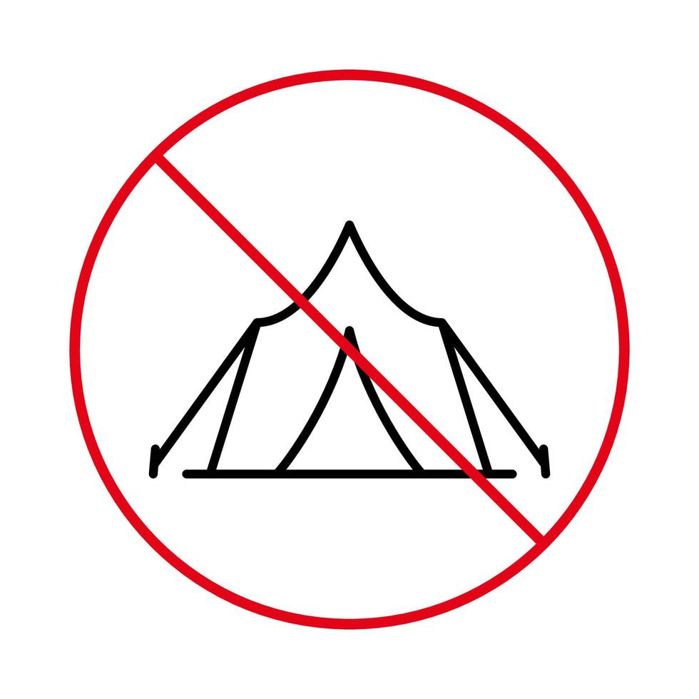 Ban Camping Tent Black Line Icon. Warning Forbid Tourism Adventure Tent Pictogram. Camping Stop Outline Symbol. No Allowed Tourist Shelter Sign. Campaign Tent Prohibited. Isolated Vector Illustration.