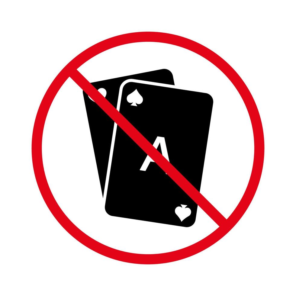 prohibir el pictograma de la tarjeta de juego. mazo de cartas de juego prohibido. prohibir el icono de la silueta negra del póquer real. símbolo de círculo de parada roja de juego de casino. no se permite jugar al signo de black jack. ilustración vectorial aislada. vector