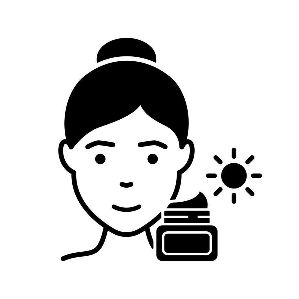 Girl Use Sunscreen, Sun Block Cream Silhouette Icon. Woman and Moisturizing Day Cream for Skin Black Icon. Protection Skin of UV Rays. Isolated Vector Illustration.