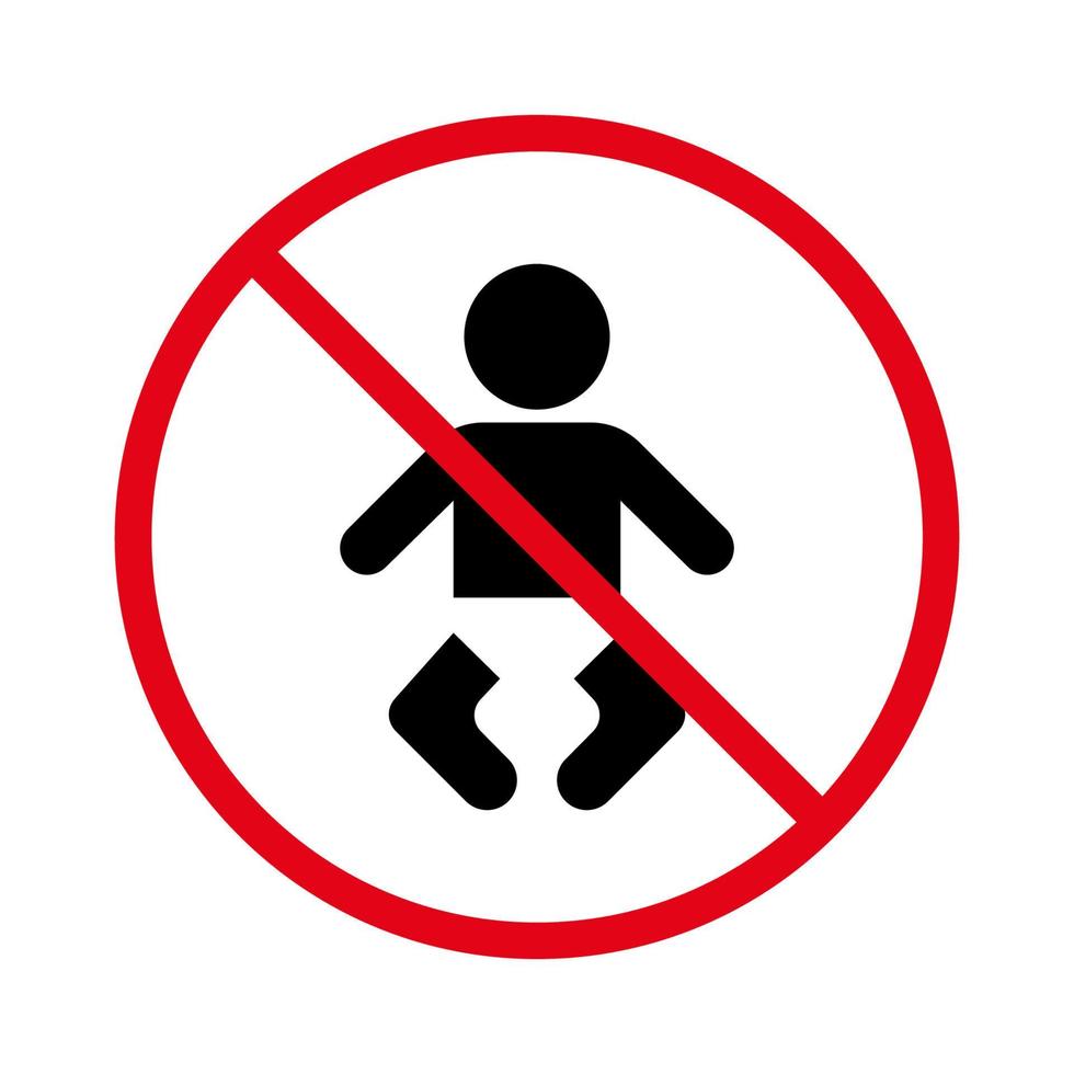 prohibir al bebé en el icono de la silueta negra del pañal. prohibir el pictograma de la habitación de los niños. símbolo de círculo de parada roja de la estación de baño de restricción. no se permite wc para señal de niño. prohibir la maternidad. ilustración vectorial aislada. vector