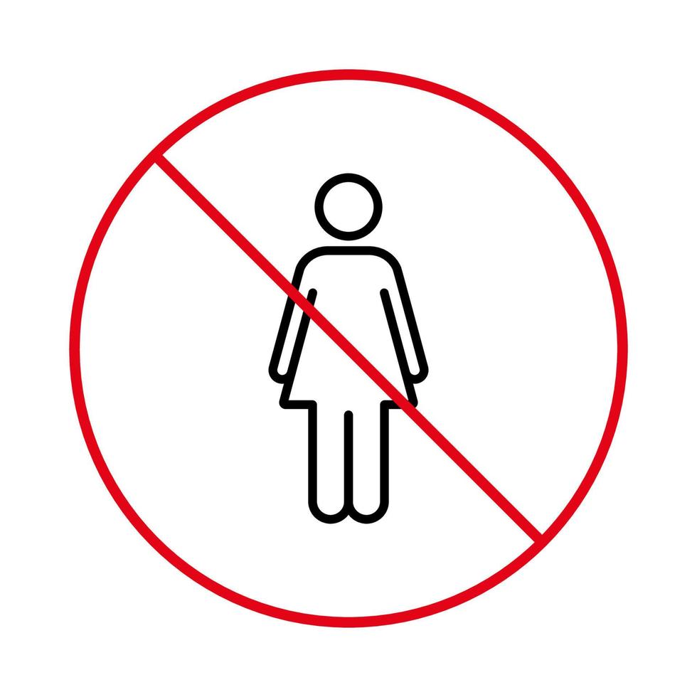 Prohibir el acceso al pictograma de la zona de mujeres. no se permite el signo de la niña. Prohibida la entrada de personas. símbolo de contorno de parada roja de entrada restringida para mujeres. no la mujer prohíbe el icono de la línea negra. ilustración vectorial aislada. vector