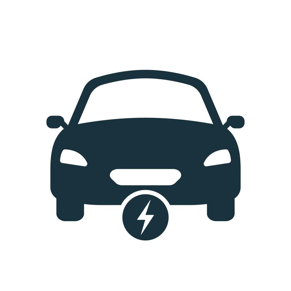 Electric Car Black Silhouette Icon. Eco Electro EV with Bolt Green Symbol. Electric Car with Lightning Sign. Ecology Hybrid Vehicle Glyph Pictogram. Electronic Automobile Logo. Vector Illustration.