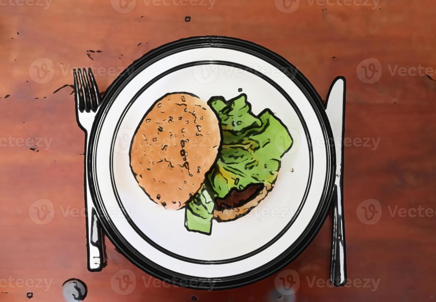 Comic style painting of a healthy burger on a white plate photo