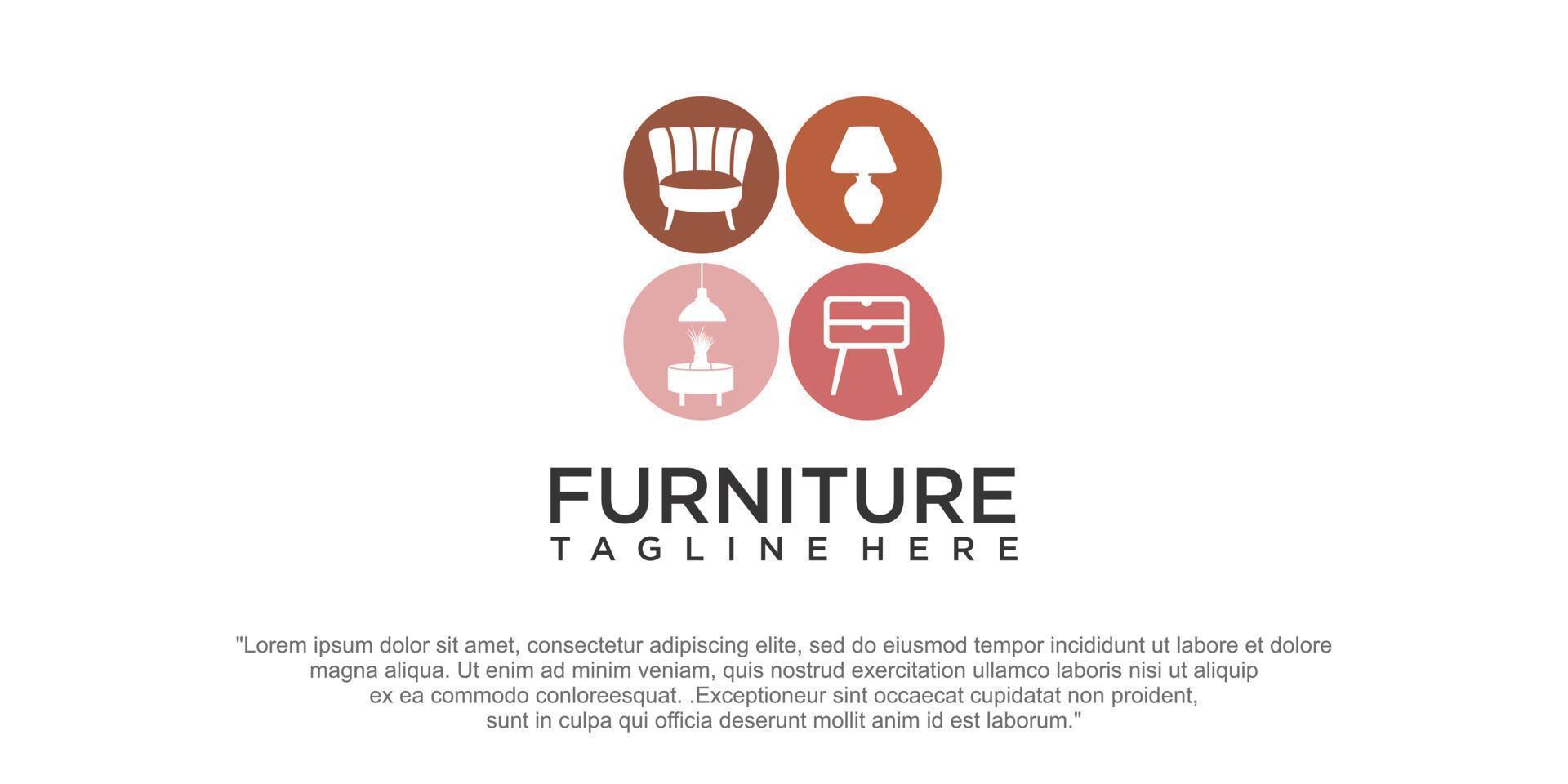 Furniture logo design inspiration.Vector illustration of chair, table, and decorative lamp vector