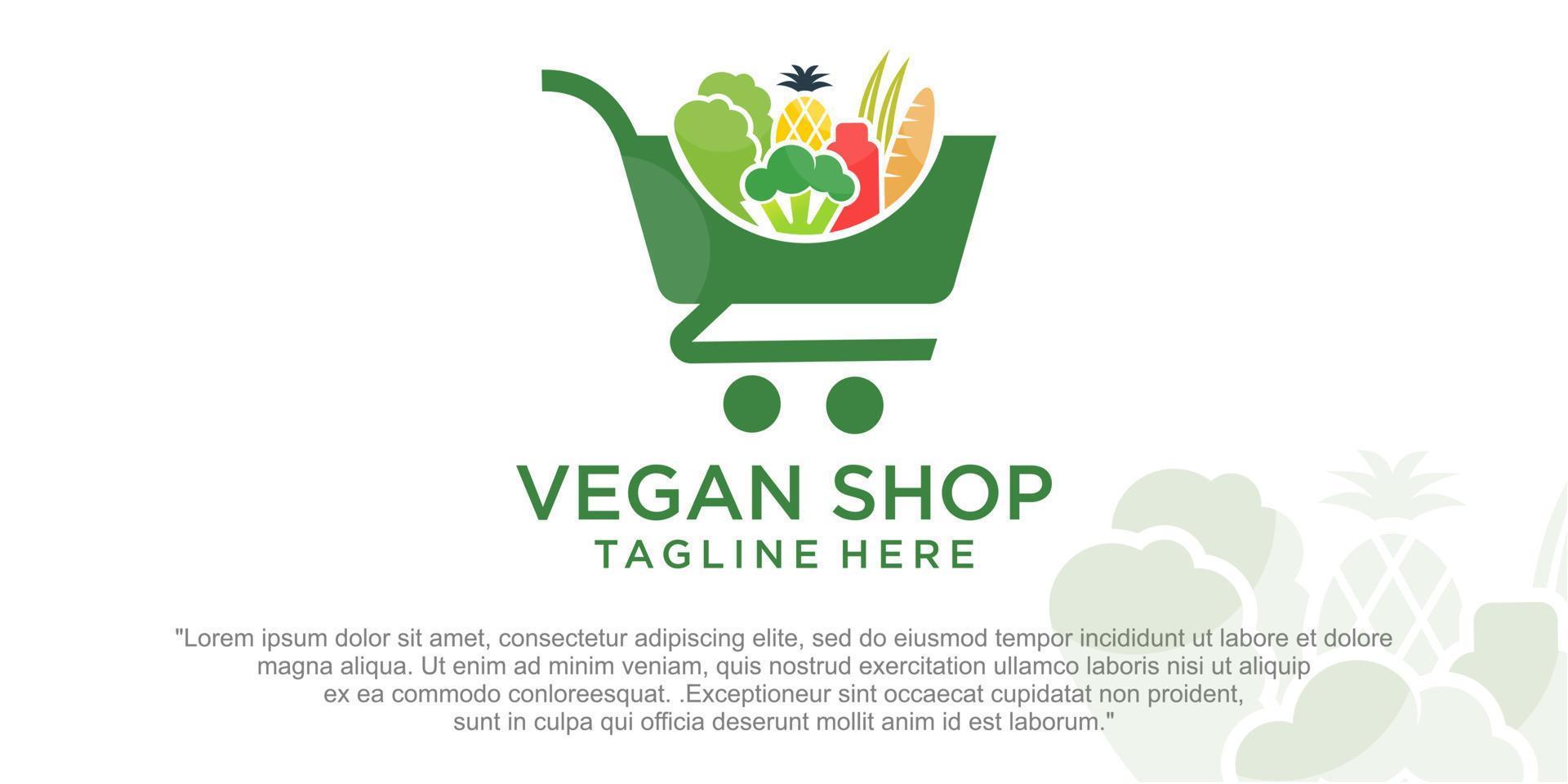 plantilla de logotipo vegano y carrito de combinación de tienda de verduras vector