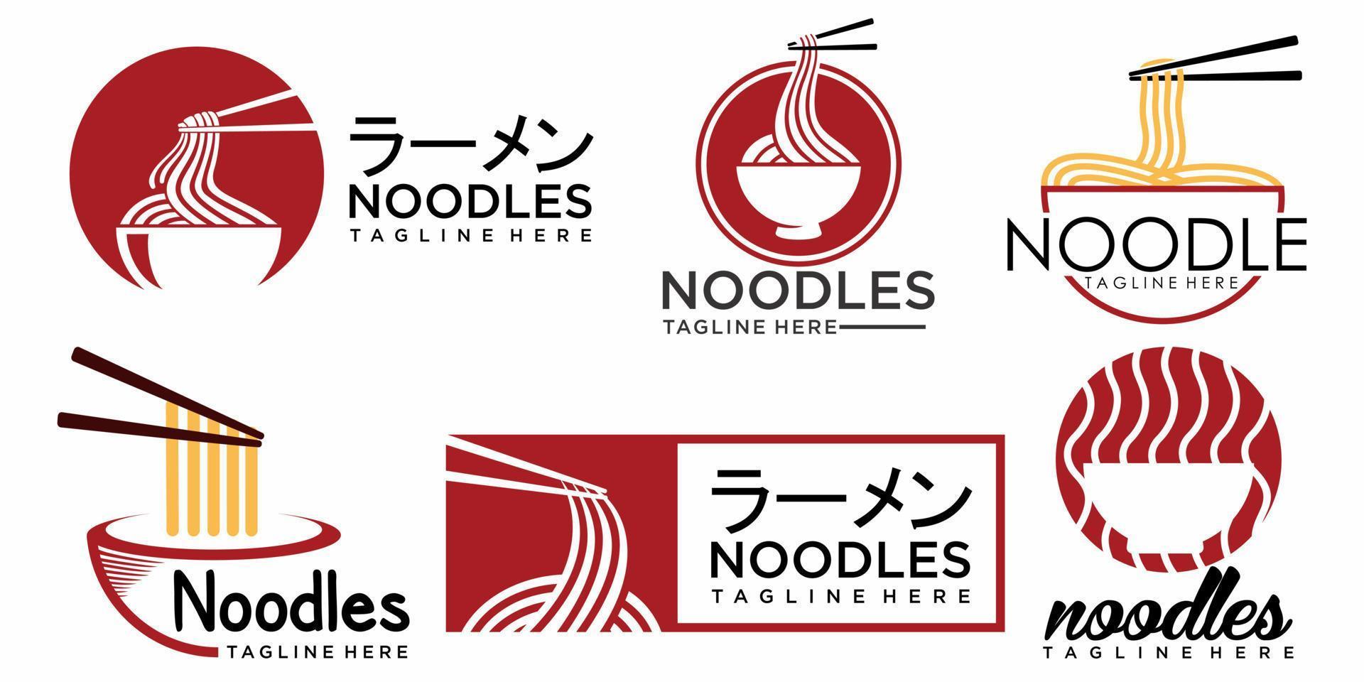 ilustración de diseño de logotipo de fideos ramen. conjunto de iconos de menú de ramen plantilla de logotipo con tazón. comida japonesa. vector