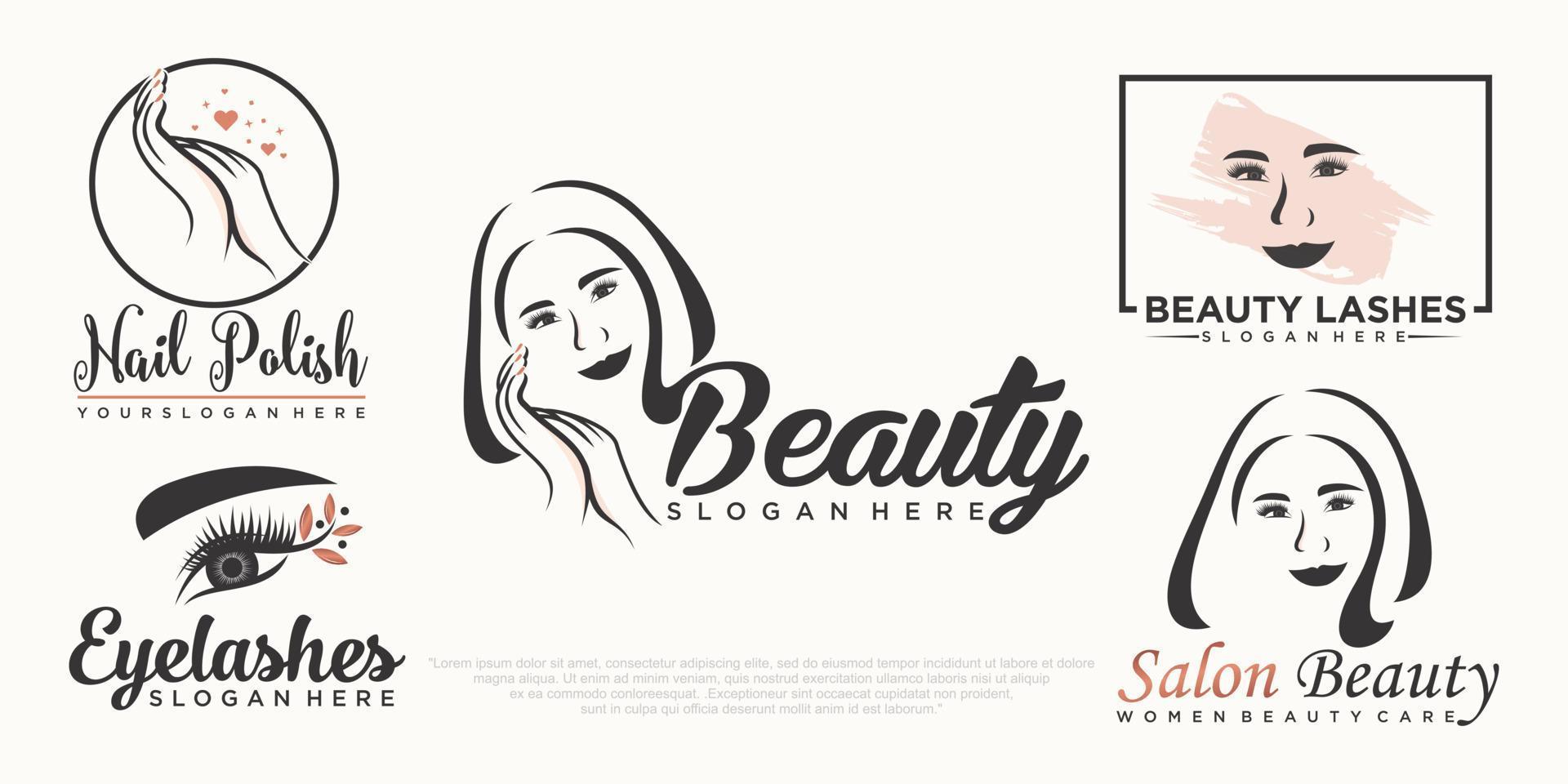 diseño de logotipo de conjunto de iconos de extensión de pestañas, uñas y mujeres de belleza vector