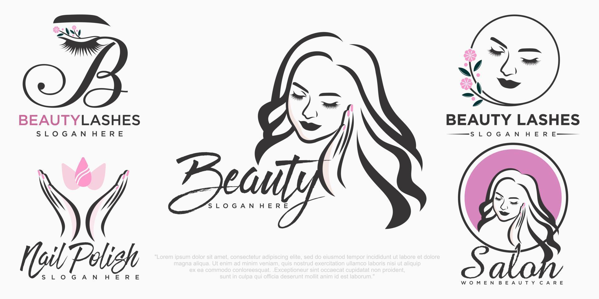 extensión de pestañas de belleza, mujeres de belleza y diseño de logotipo de conjunto de íconos de uñas vector