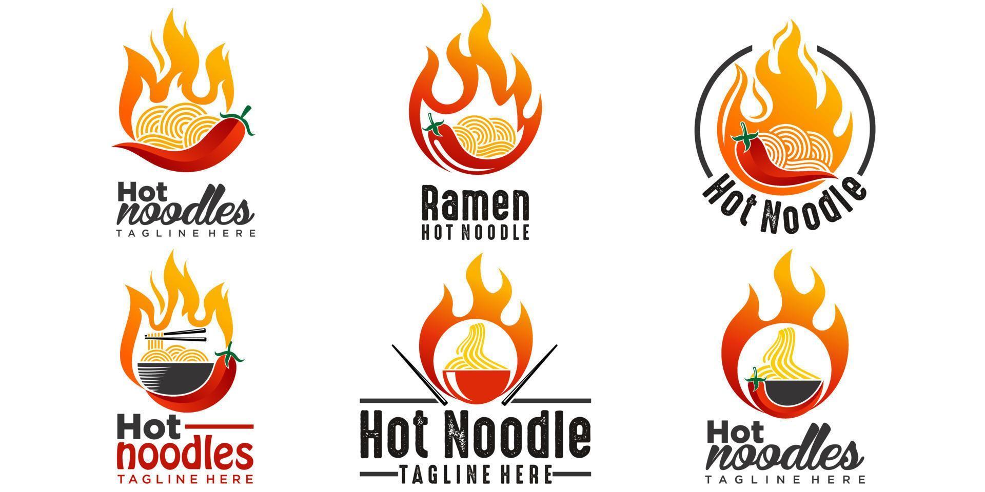 spicy ramen noodle icon set logo  design illustration  with bowl,chili and hot fire. vector