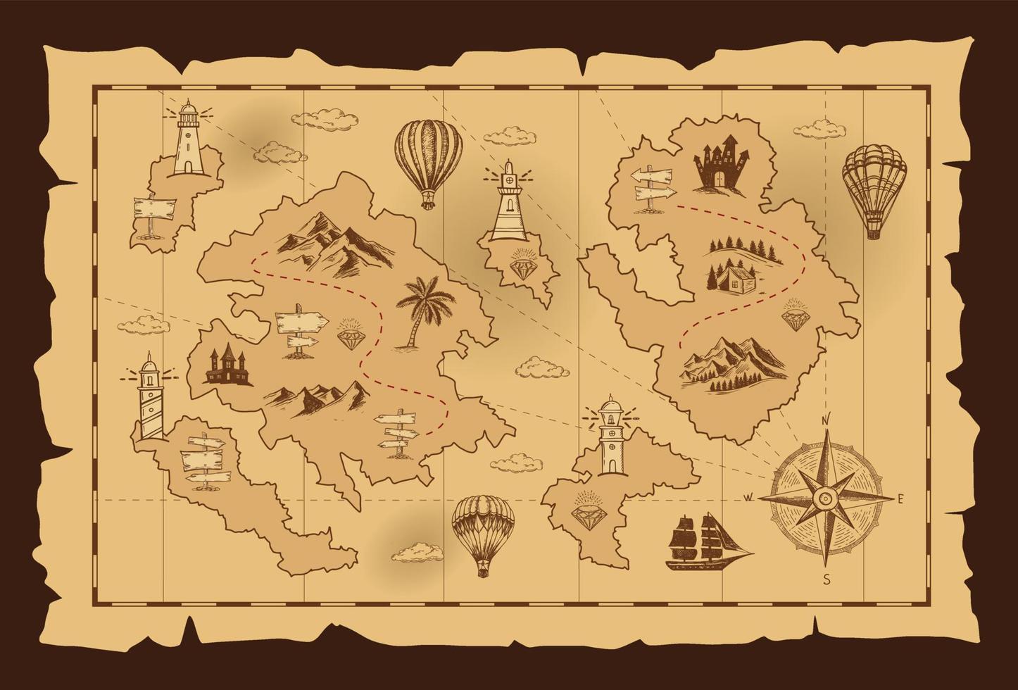 Old treasure map vector sketch. Hand drawn illustrations, vector.