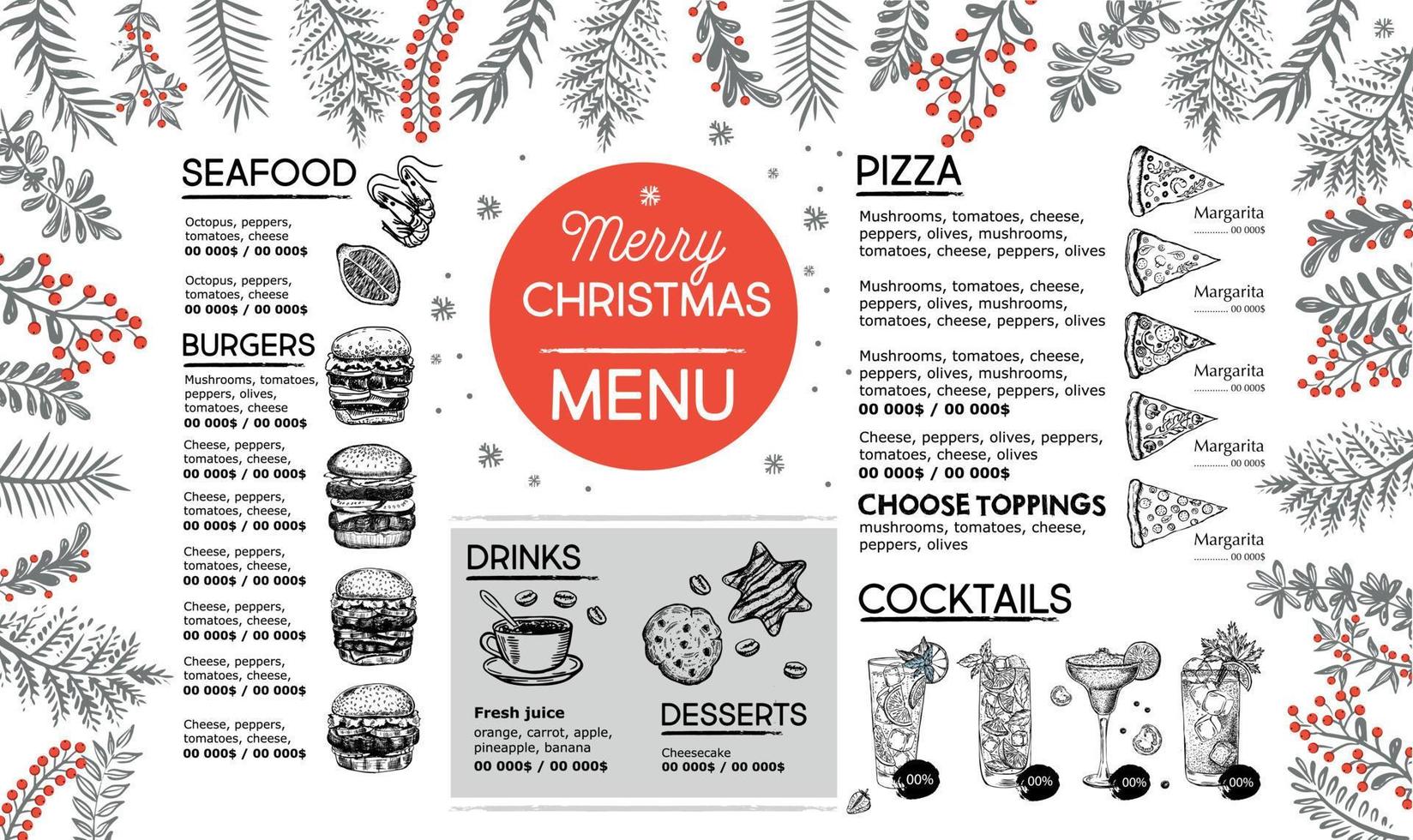 Christmas menu cafe. Food flyer. Restaurant menu. Template design. vector