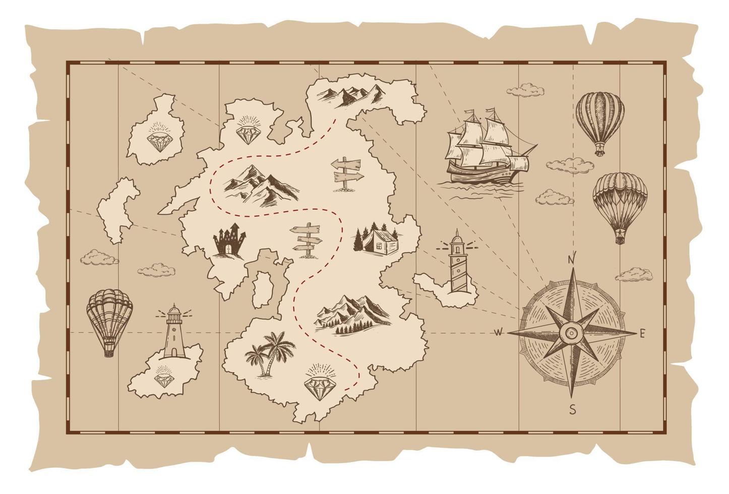 Old treasure map vector sketch. Hand drawn illustrations, vector.