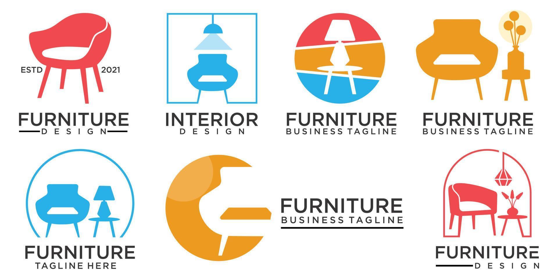 Colorful furniture logo. Symbol and icon set of chairs, sofas, tables, and home furnishings. vector