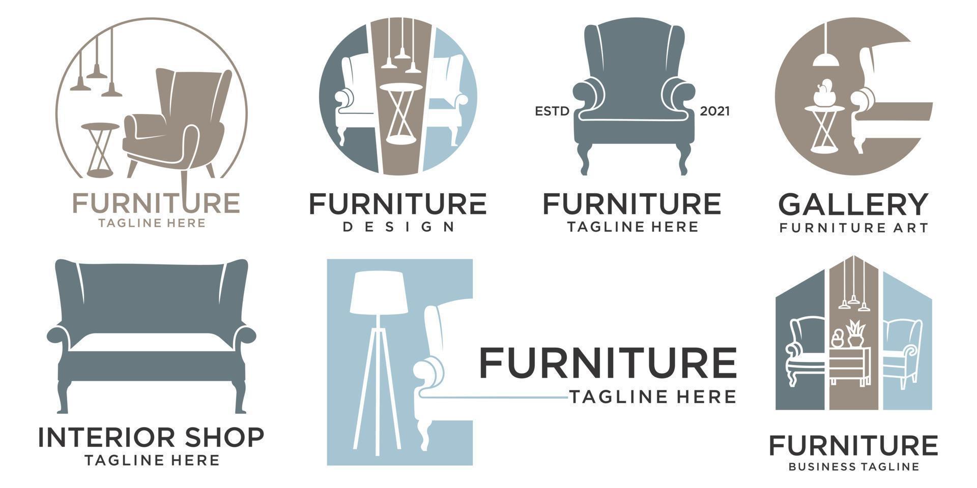 diseño de logotipo de conjunto de iconos de muebles. tienda de muebles y concepto de logotipo de diseño de interiores. impresión vector