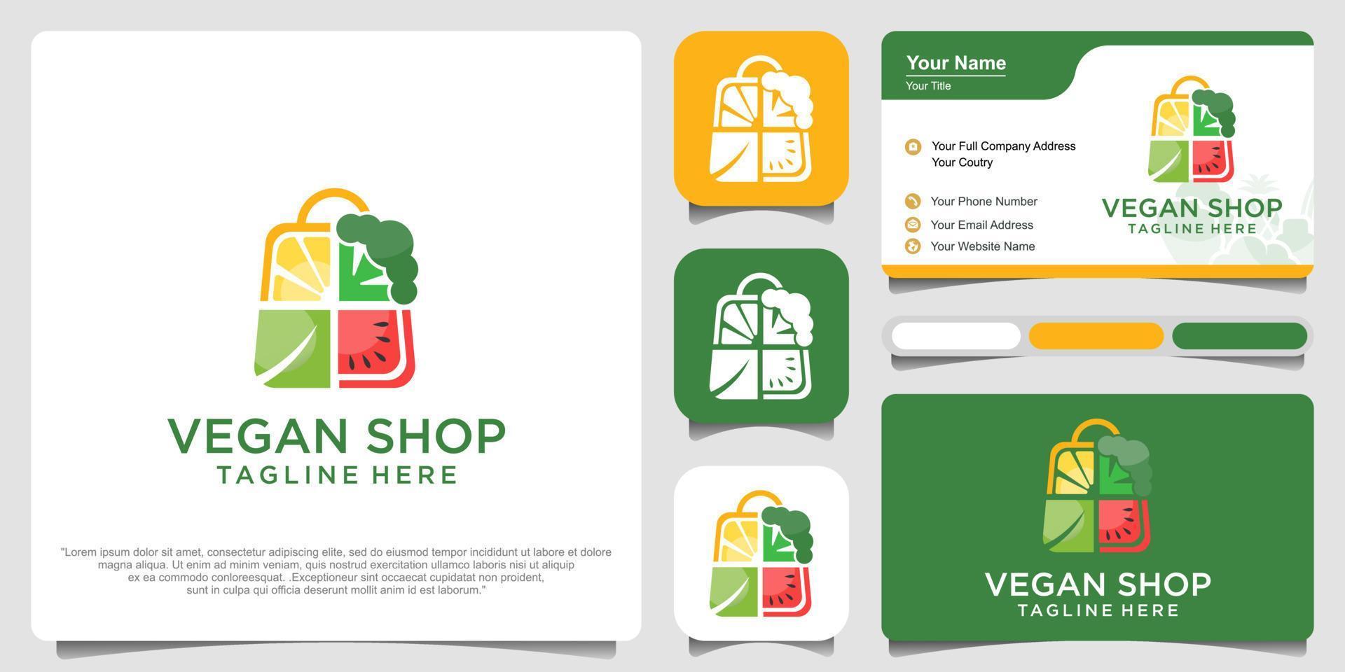 Vegetable shop combination of vegan and shopping bags premium logo templates vector