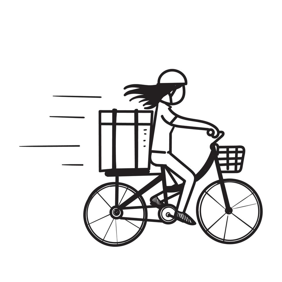 hand drawn doodle bicycle delivery courier illustration vector