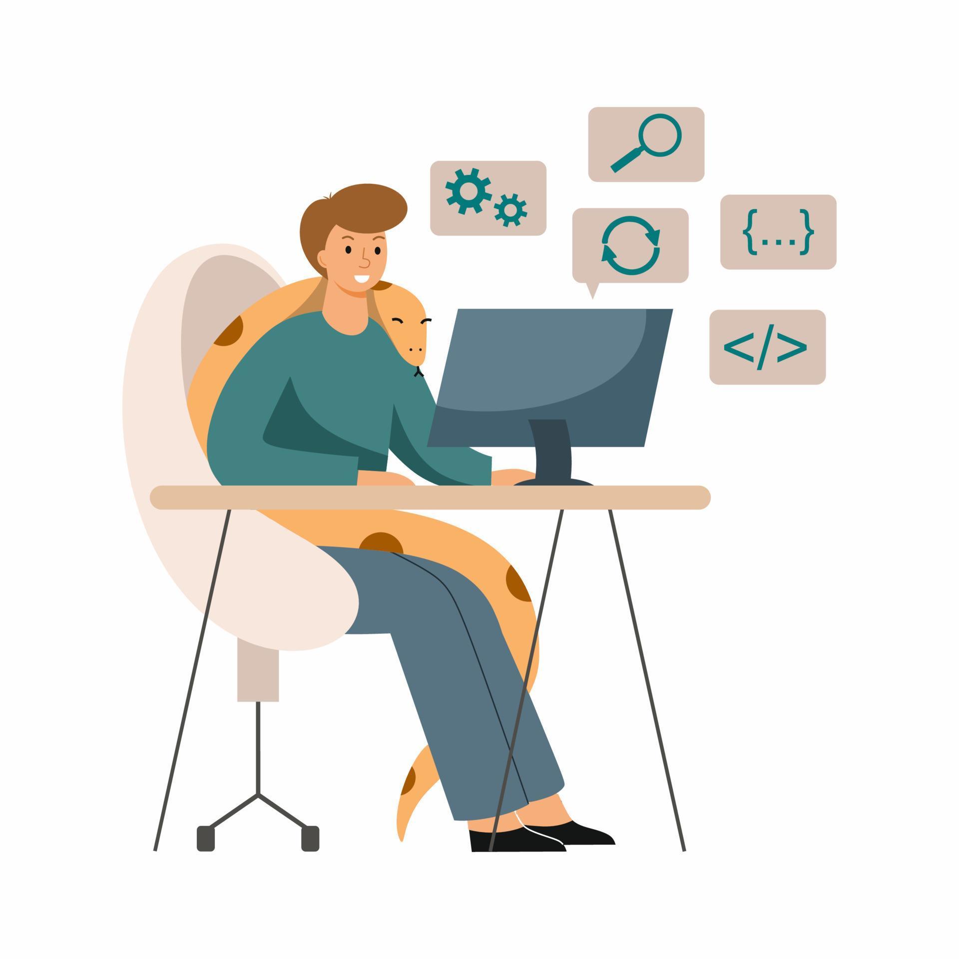 Programmer works at computer. Desktop. Python programming. Freelance ...