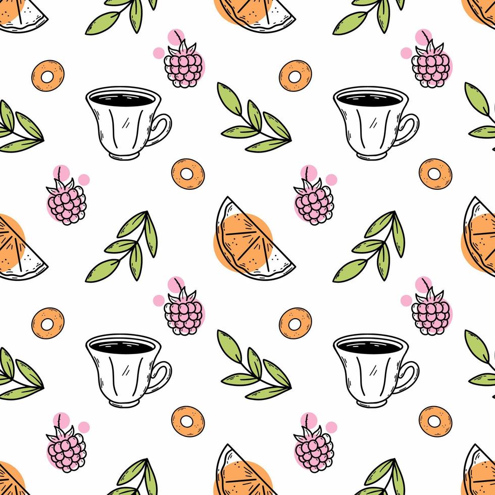 Seamless pattern for cafe menu. Coffee and tea. Endless wallpaper for printing on fabric. Packing paper. Lemon slice. Vector doodle illustration.