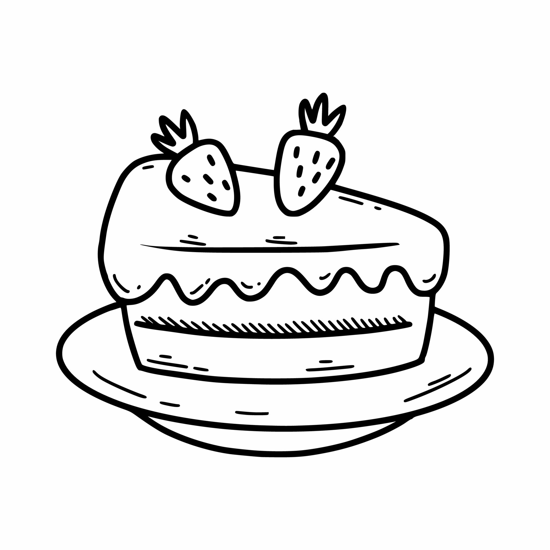 Piece strawberry cake on plate. Vector doodle illustration. Sketch