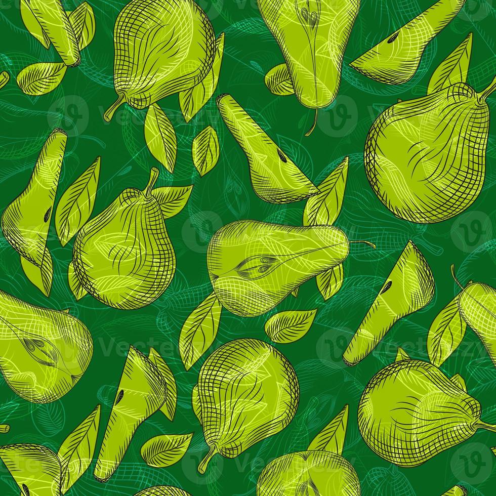 Pears and leaf engraved seamless pattern. Vintage background for restaurant with sliced fruit and leaves in hand drawn style. photo