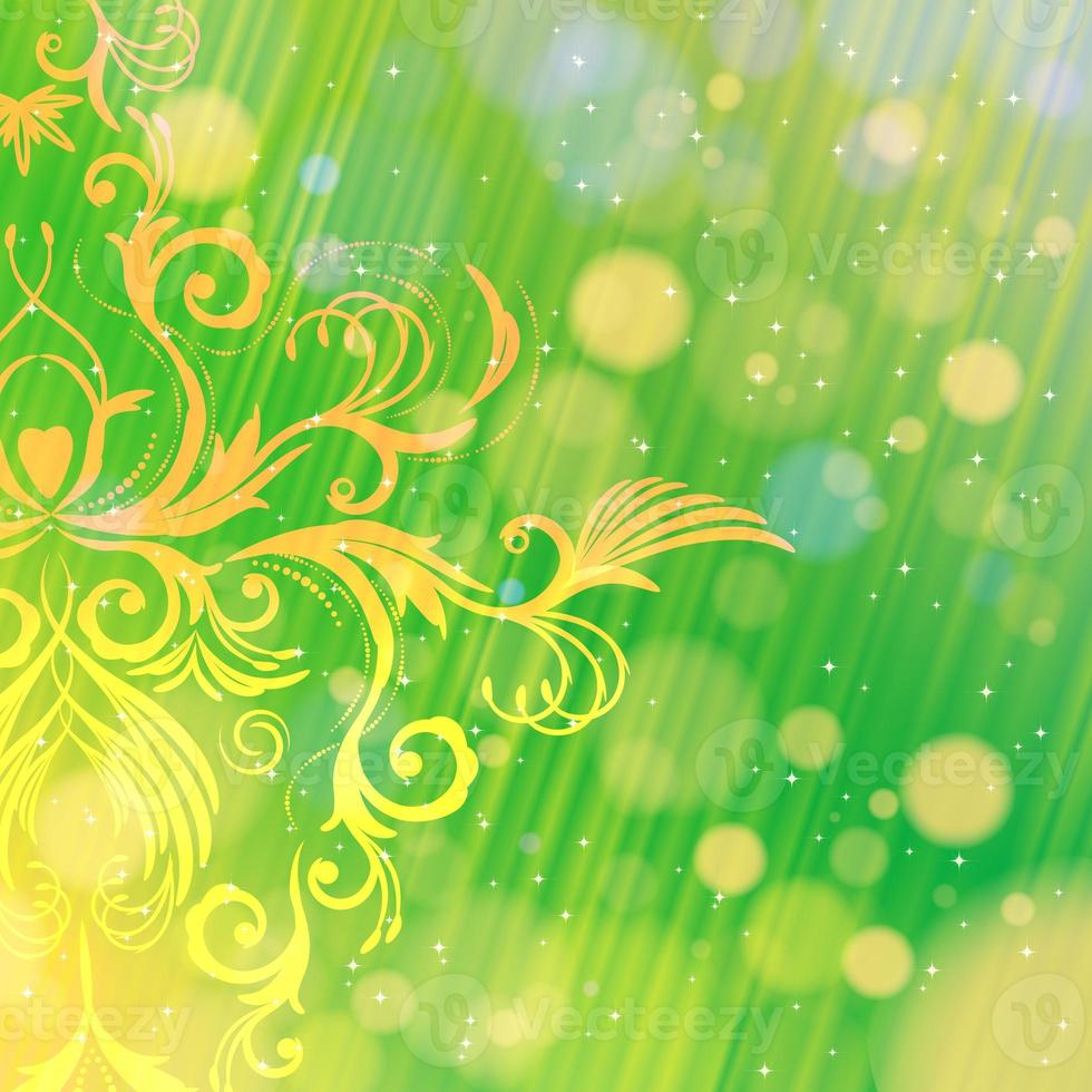 Vector abstract floral pattern on a green background with bokeh. Magical fantasy flowers design card. photo