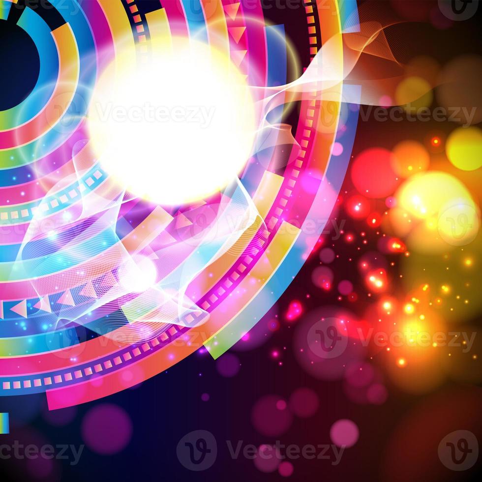 Vector abstract background. Colorful techno pattern on a dark. Sun and thin wavy lines and transparent circles blur.  Design card with round place for your text. photo