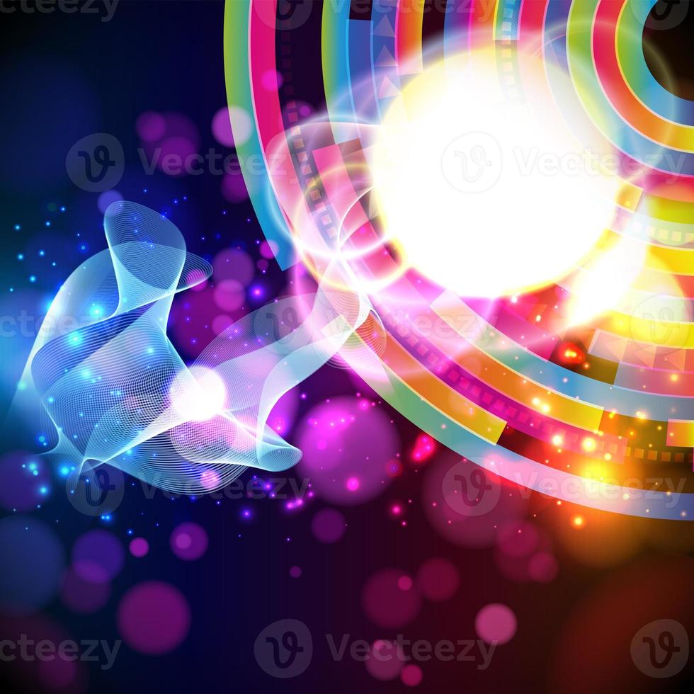 Vector abstract background. Colorful techno pattern on a dark. Sun and thin wavy lines and transparent circles blur.  Design card with round place for your text. photo