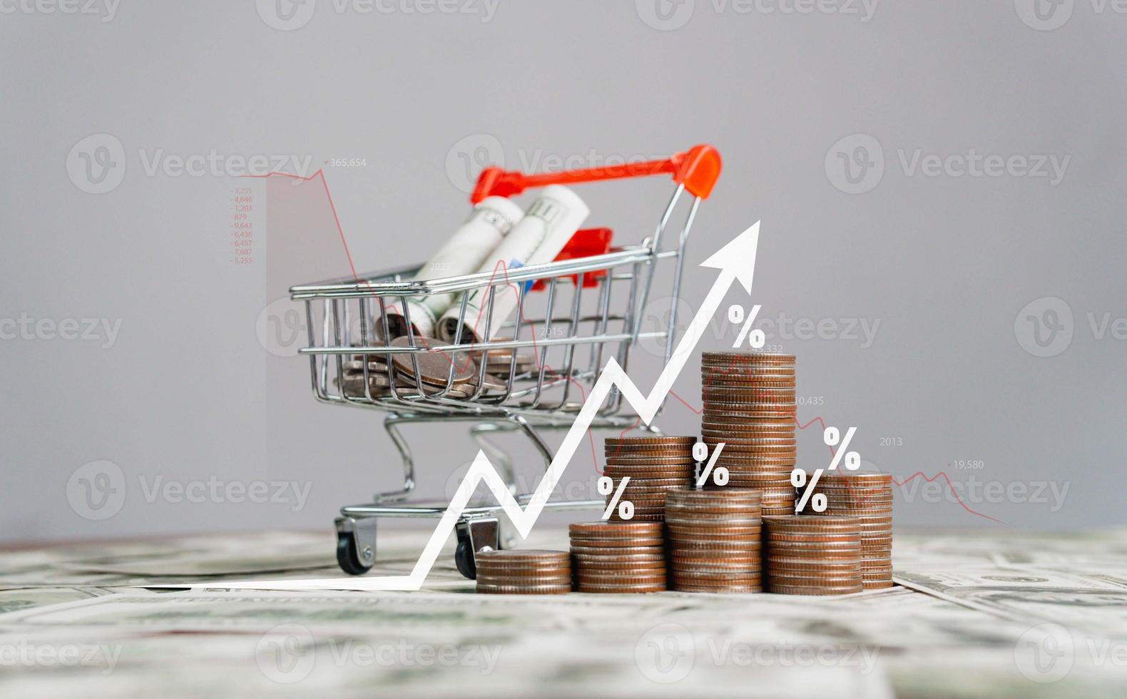 inflation Increased product sales growth basket growth, market or consumer price index concept shopping cart with food increase with arrow graph on the coin inflation VAT photo