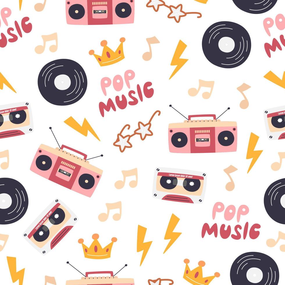 Retro pop music party seamless pattern isolated on white. Textile vintage style print design with cassette, boombox, and vinyl. Bright colored repeated background. Hand drawn flat vector illustration