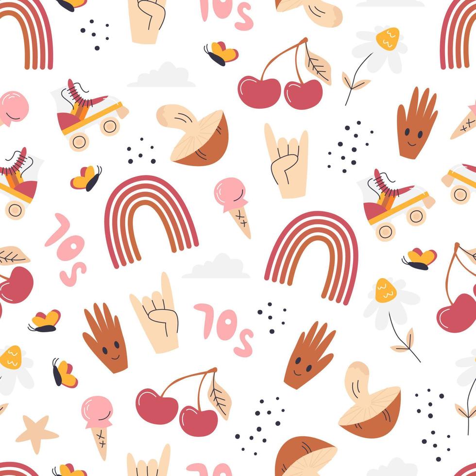 Retro 70s hippie seamless pattern isolated on white. Textile vintage style print design with cherry, rainbow, skate rollers, rock gesture. Nostalgic repeated background. Hand drawn vector illustration