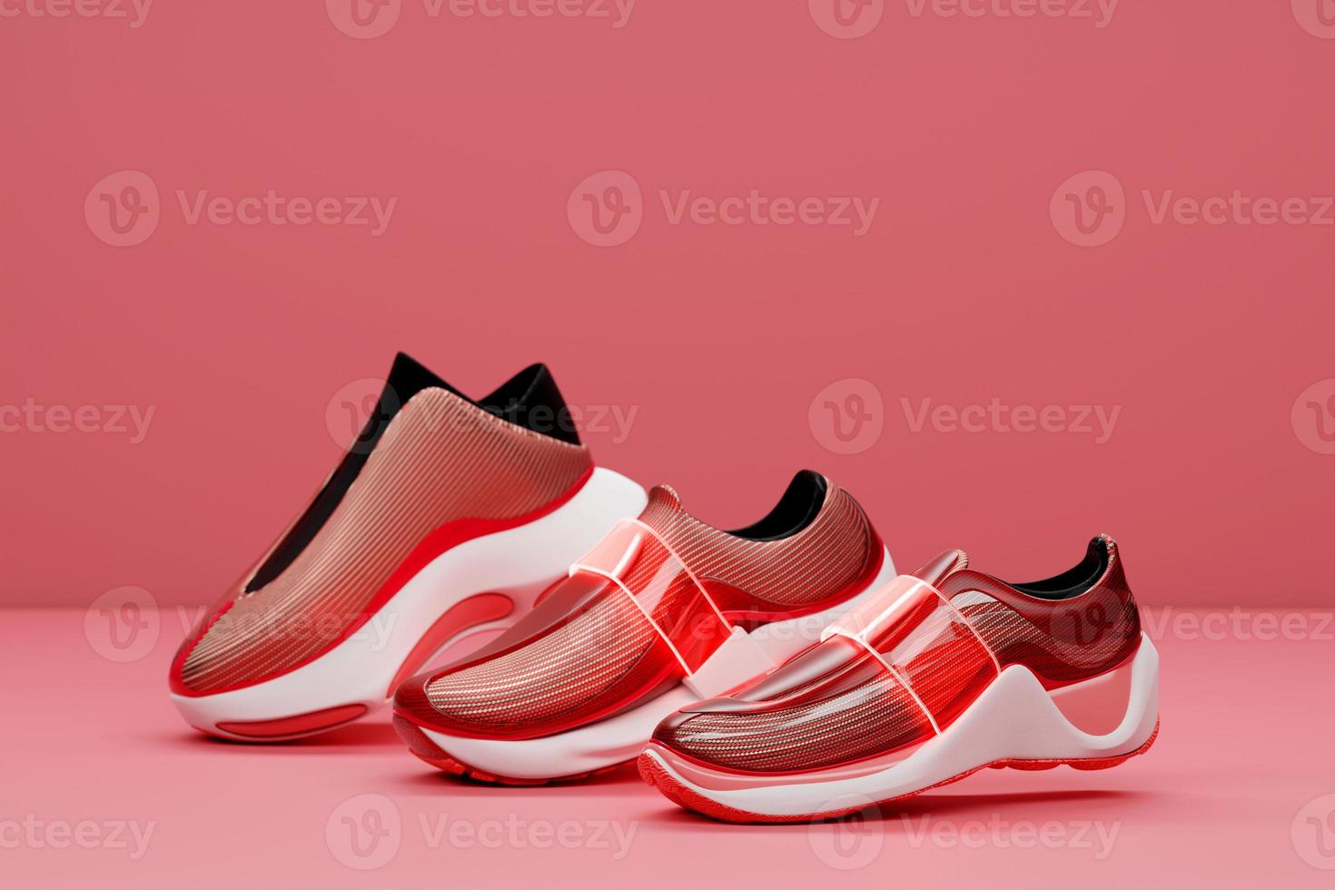 Set of the red sneakers on the sole. The concept of bright fashionable sneakers, 3D rendering. photo