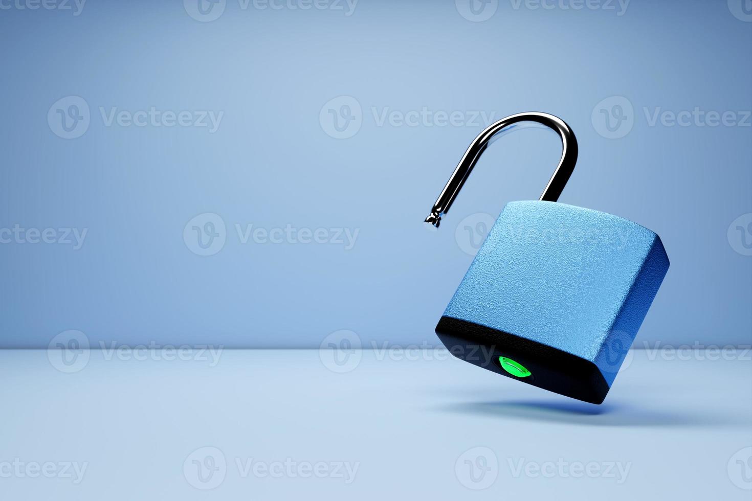 3D illustration blue  lock icon open on blue isolated background photo