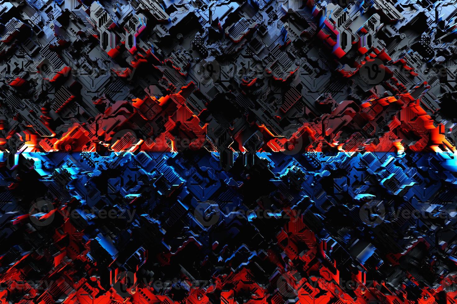 3D illustration of the Close up of the black cyber armor on neon lights. Abstract Graphics in the style of computer games. photo