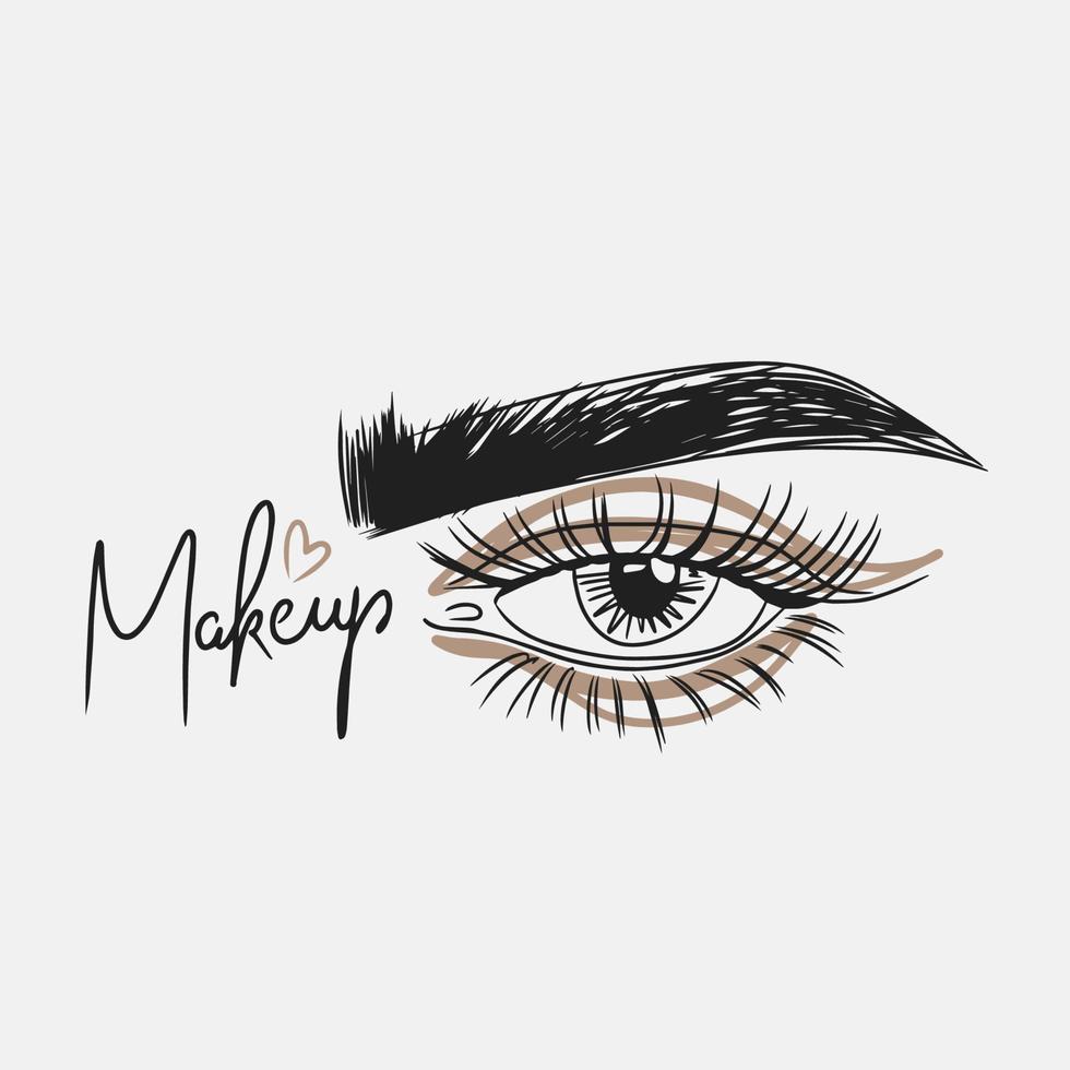 Makeup, handwritten quotes, eye with long eyelashes, beautiful thick eyebrow vector