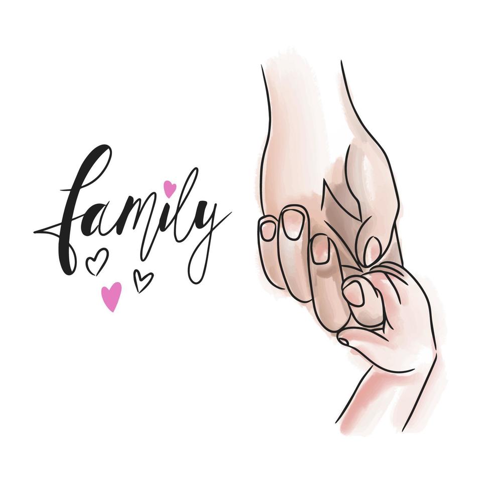 familia, inscripción manuscrita, la mano de los niños de dibujos animados sostiene la mano de un adulto vector