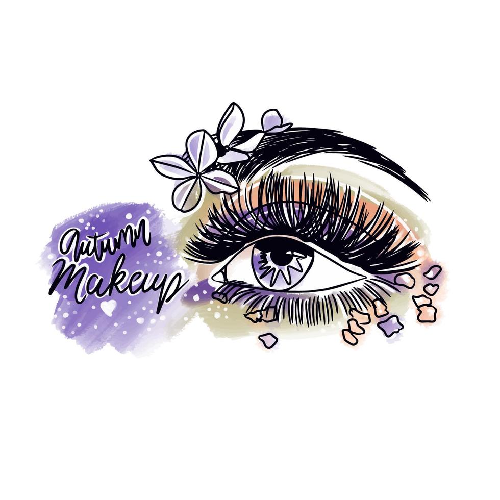 Autumn makeup, handwritten lettering, eyes with long eyelashes, flowers vector