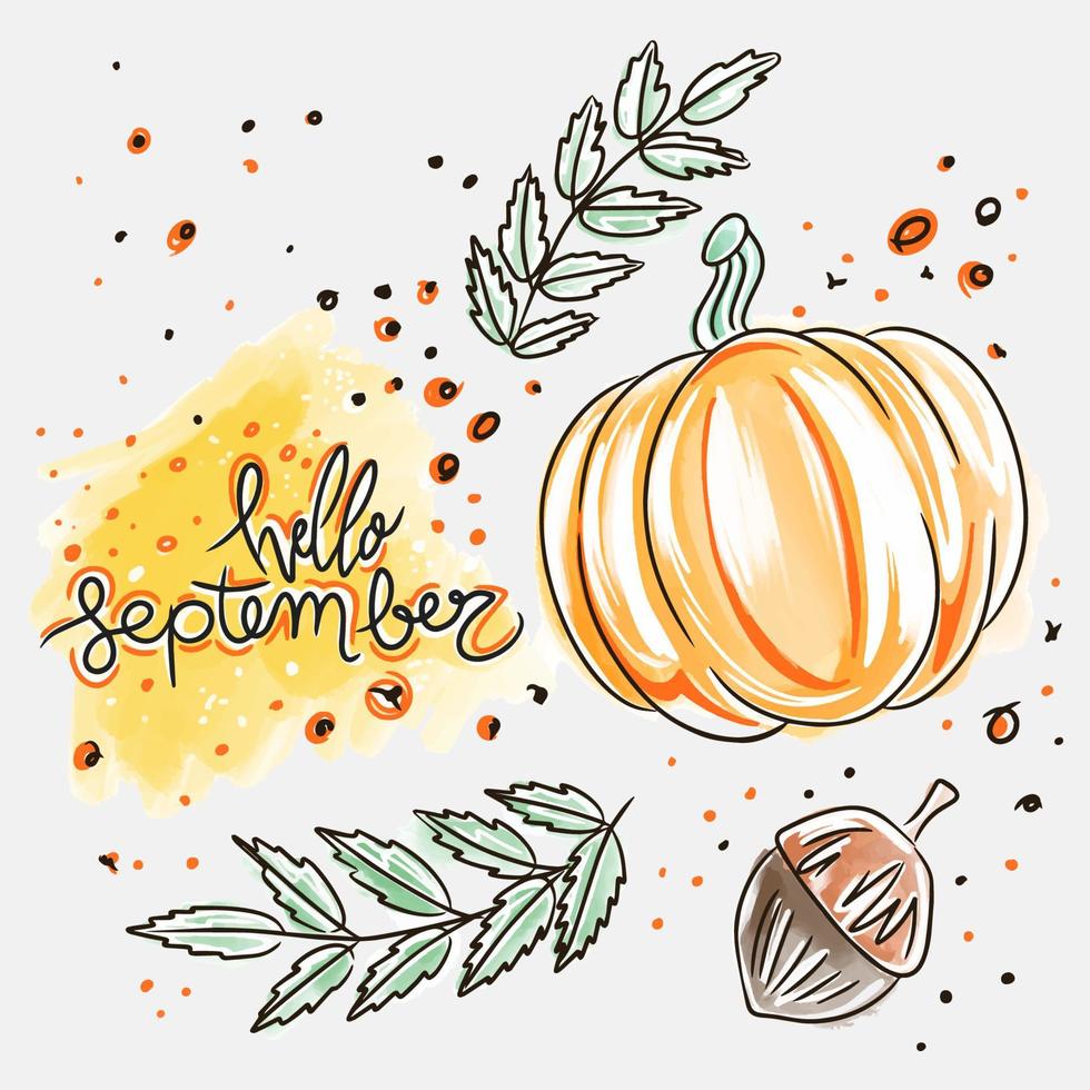Hello September, handwritten lettering, autumn illustration, acorns, pumpkin and leaves vector