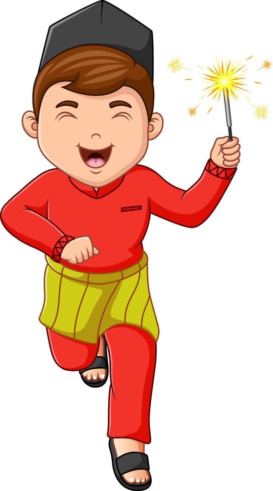 Cartoon illustration of Muslim boy running with holding firework vector