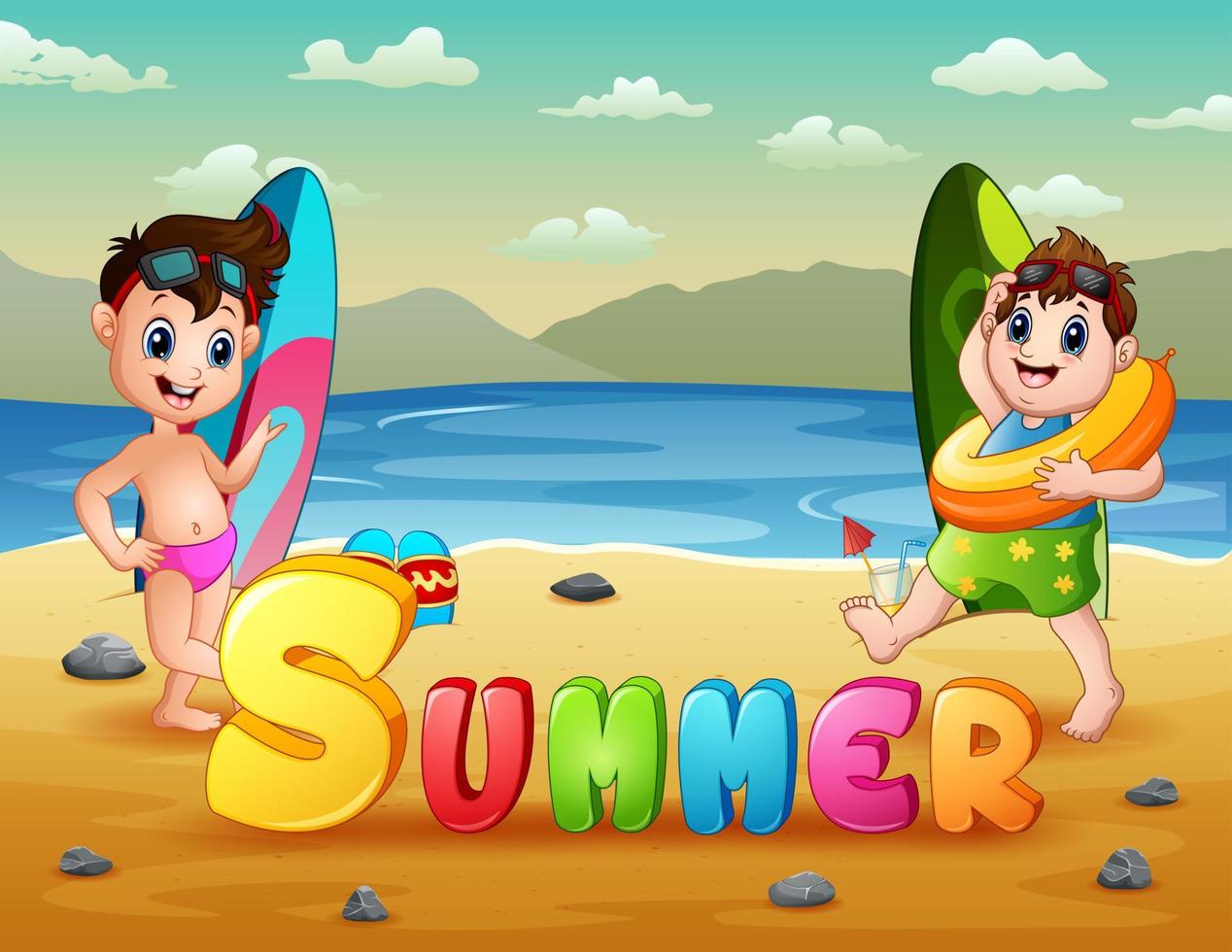 Summer background with cute boys playing at the beach vector