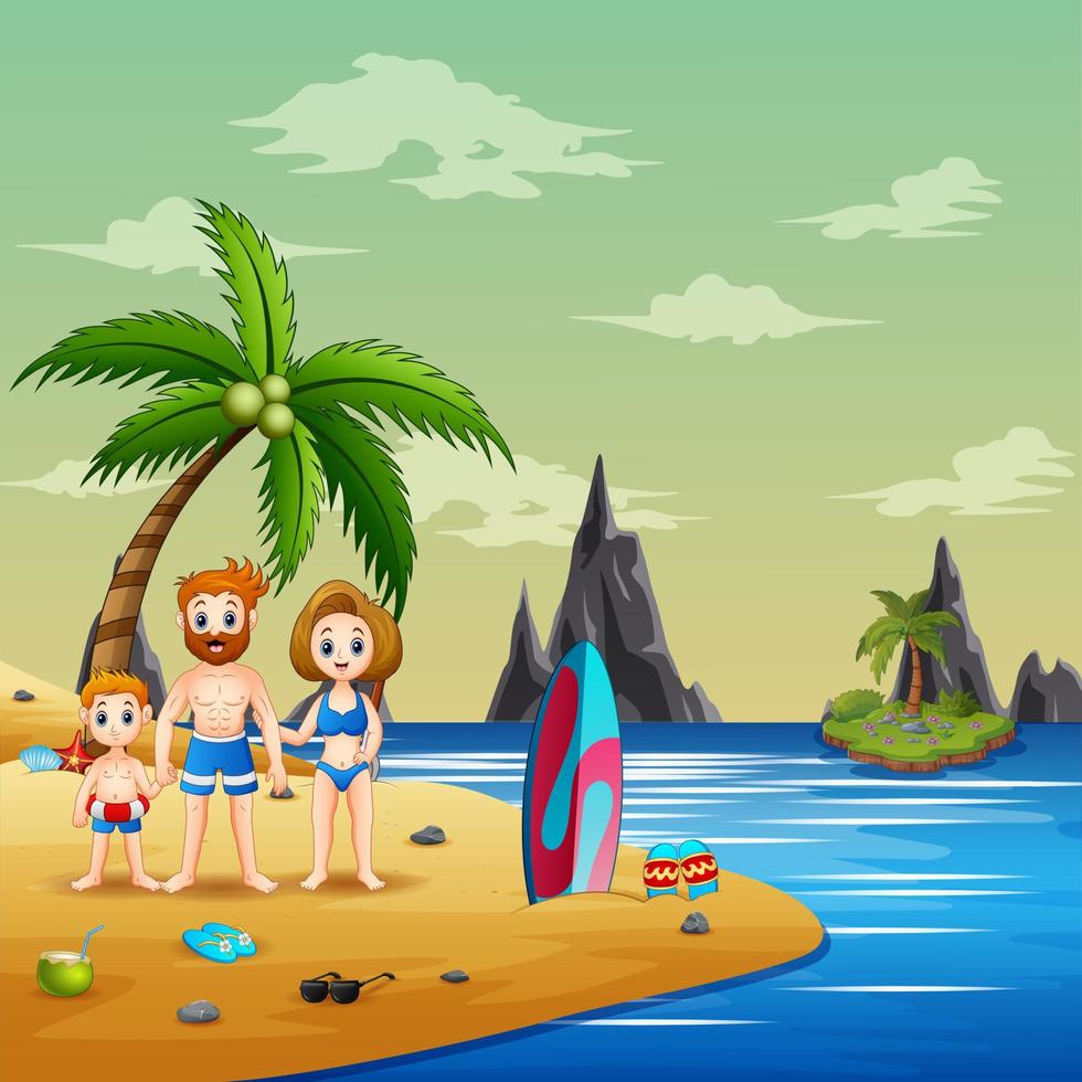 Happy family wearing swimsuits near the beach vector