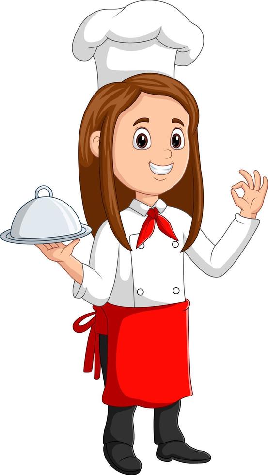 chef mujer de dibujos animados sosteniendo un plato de plata y dando un  gesto perfecto de cocinero delicioso 10574561 Vector en Vecteezy