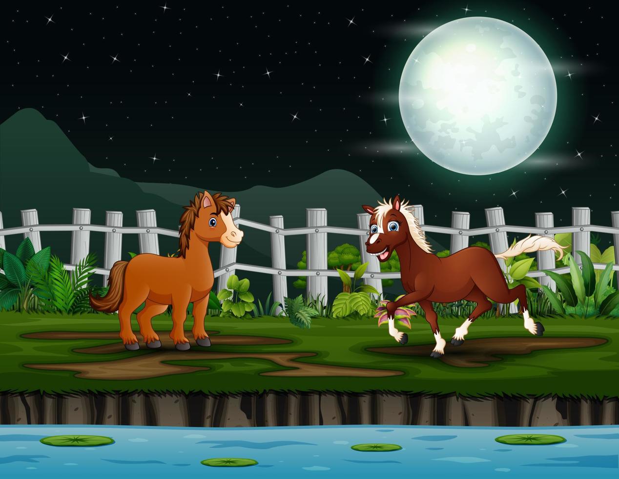 dibujos animados de dos caballos jugando junto al lago vector