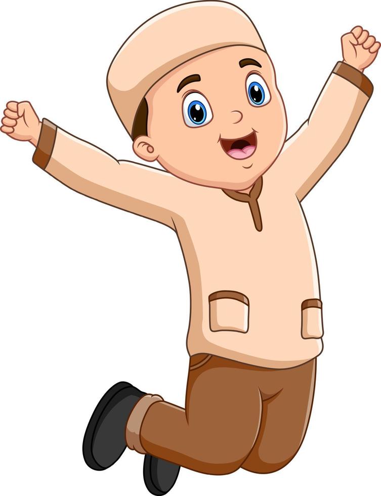 Cute a Muslim boy jumping on white background vector